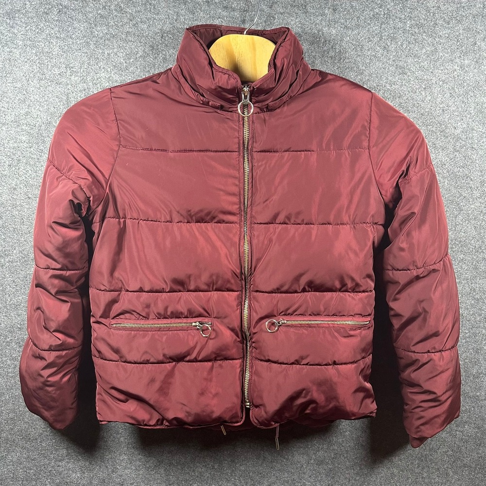 TopShop Maroon Puffer Jacket Women Size 10‎ Full Zip Warm Winter Casual